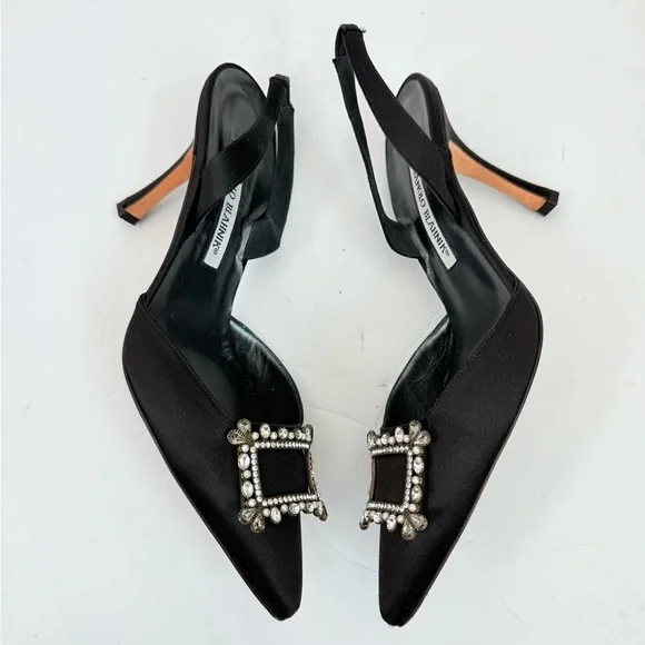 Manolo Blahnik Black Satin Leather Crystal embellishedslingback pumps EU 38.5
